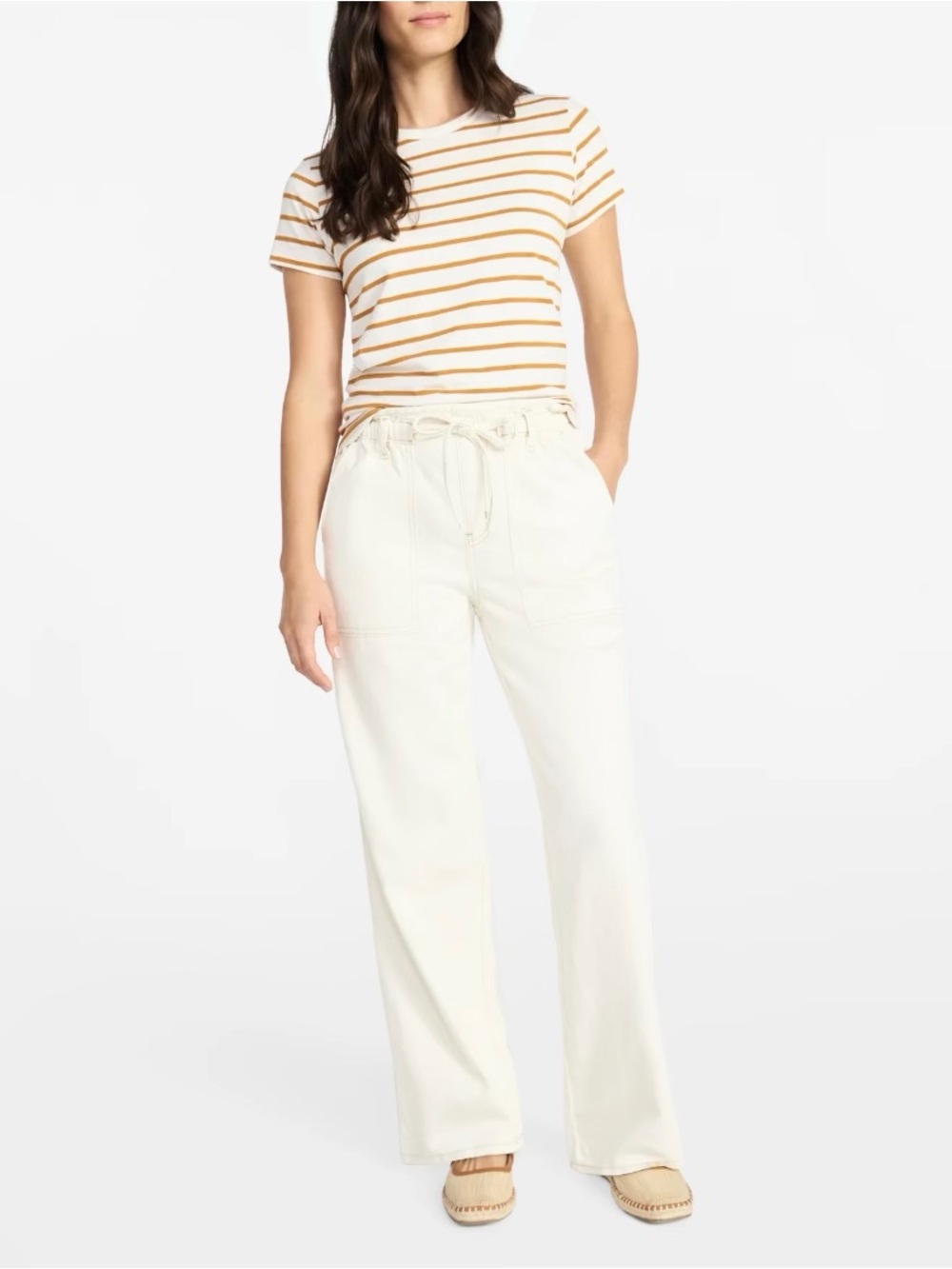 Cream Pull On Wide Leg Drawstring Denim Jeans, 30" Inseam